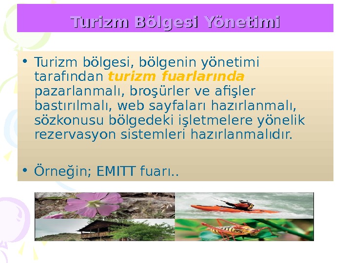 Turizm Bölgesi Yönetimi • Turizm bölgesi, bölgenin yönetimi tarafından turizm fuarlarında pazarlanmalı, broşürler ve